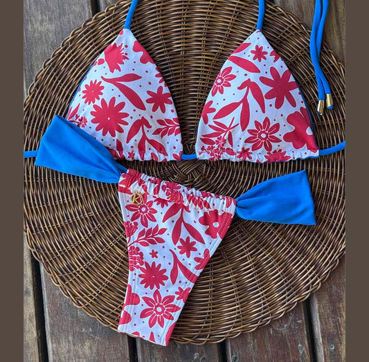 Conjunto de Bikini Scarlet con Combinación Azul | Top Lua + Tanga Gali

