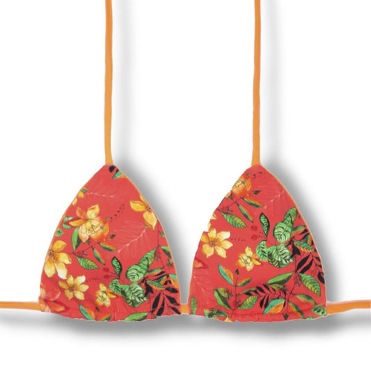 Top Lua Coral Floral | Reverível Laranja neon | Triângulo com Bojo